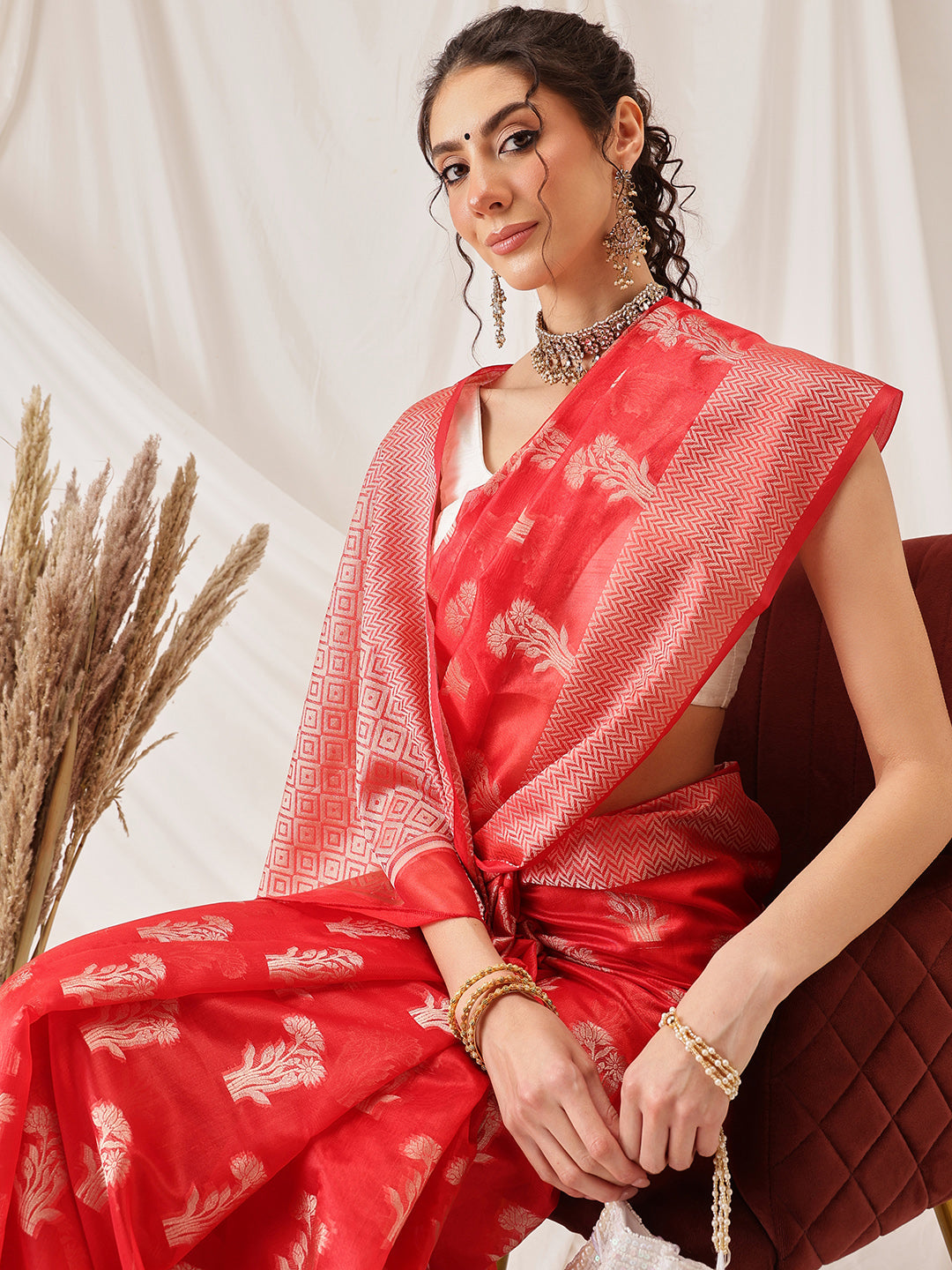 Hiral Fashion Red Banarasi Organza Silk Floral Woven Design Saree | Swadesiicart