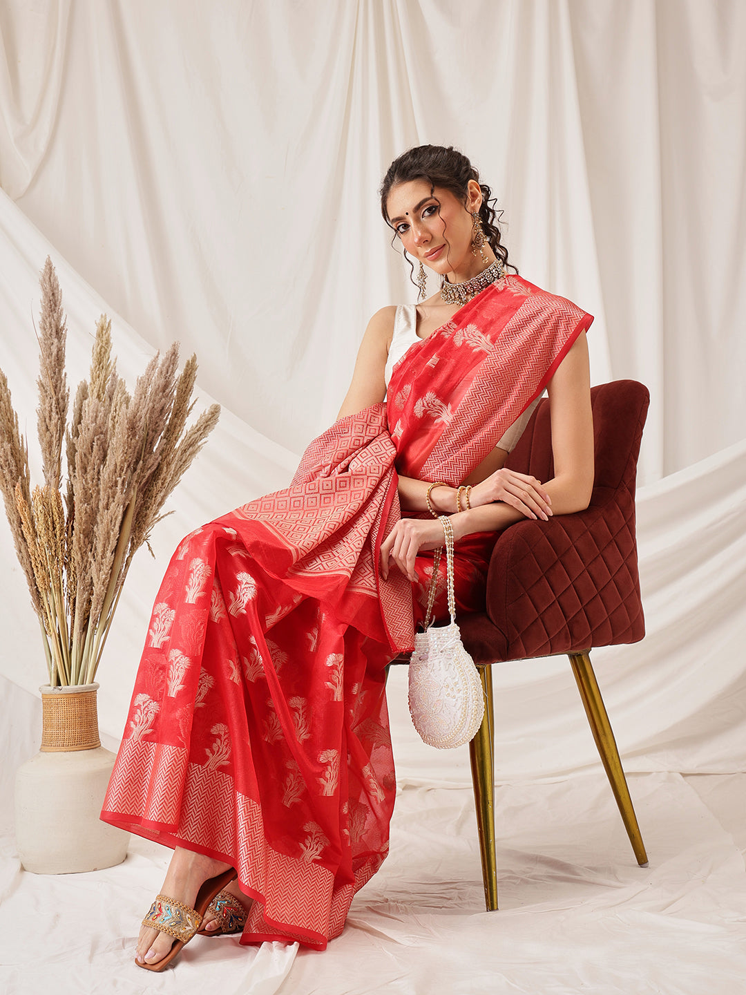Hiral Fashion Red Banarasi Organza Silk Floral Woven Design Saree | Swadesiicart