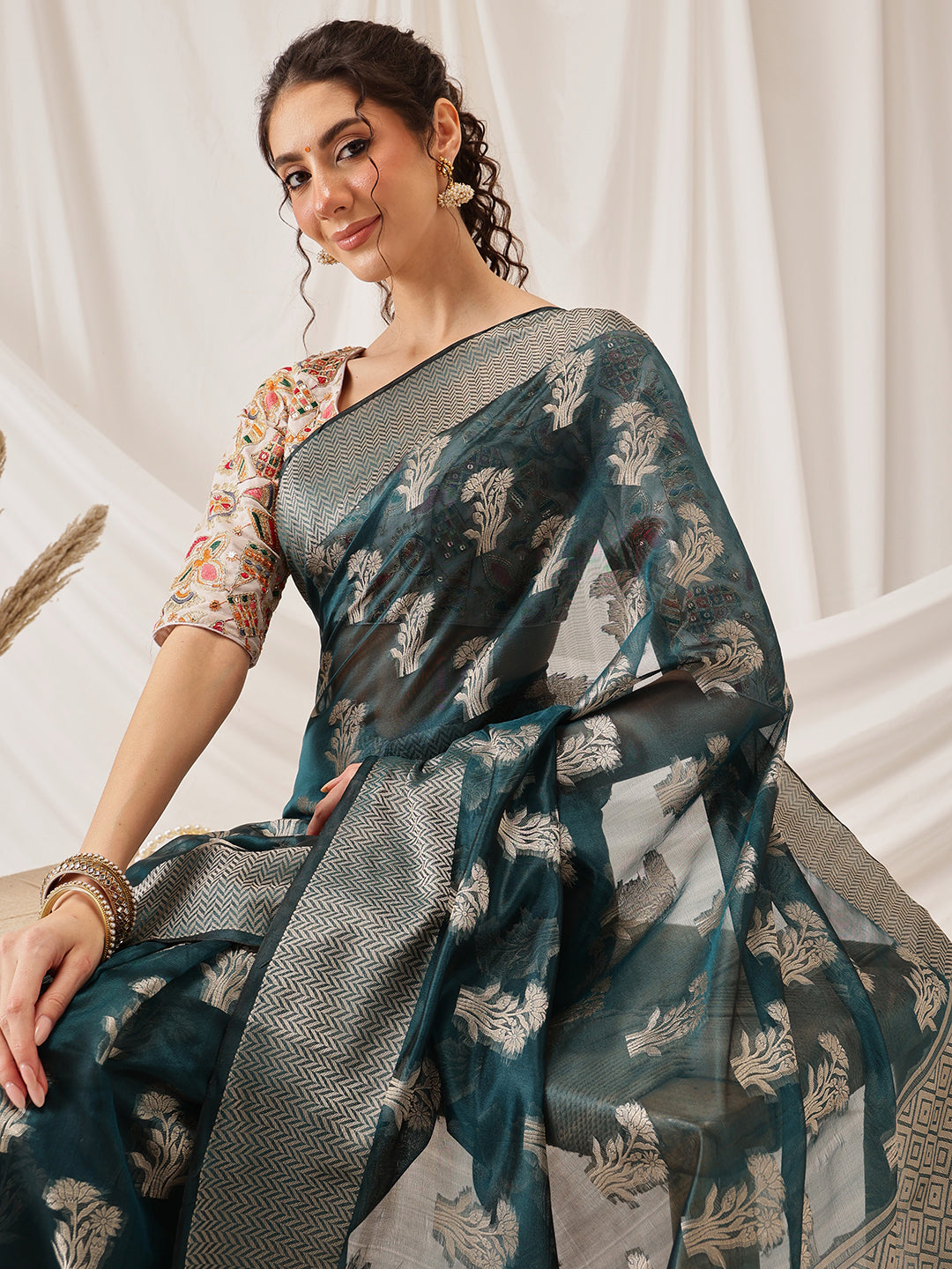 Hiral Fashion Teal Banarasi Organza Silk Floral Woven Design Saree | Swadesiicart