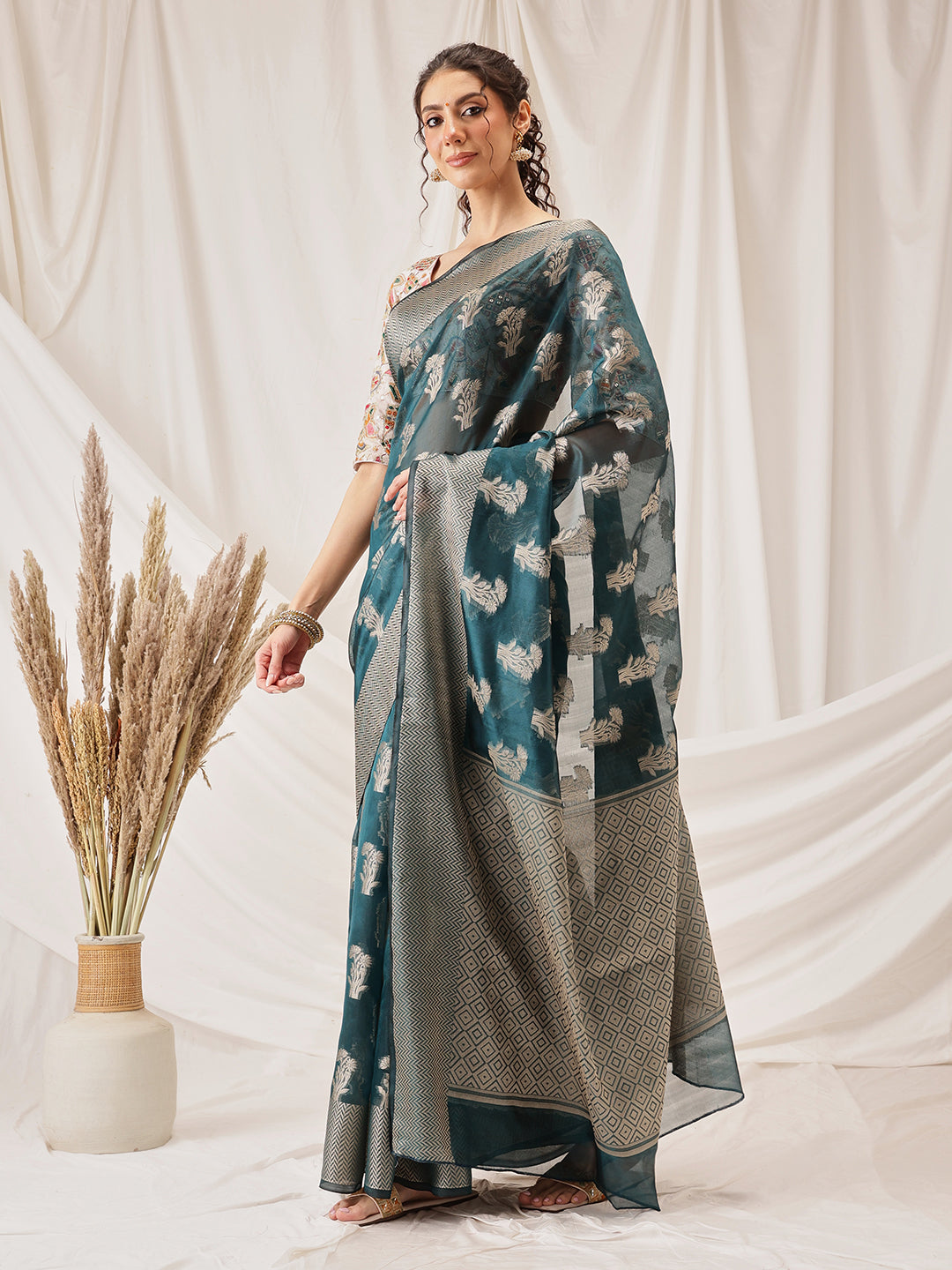 Hiral Fashion Teal Banarasi Organza Silk Floral Woven Design Saree | Swadesiicart