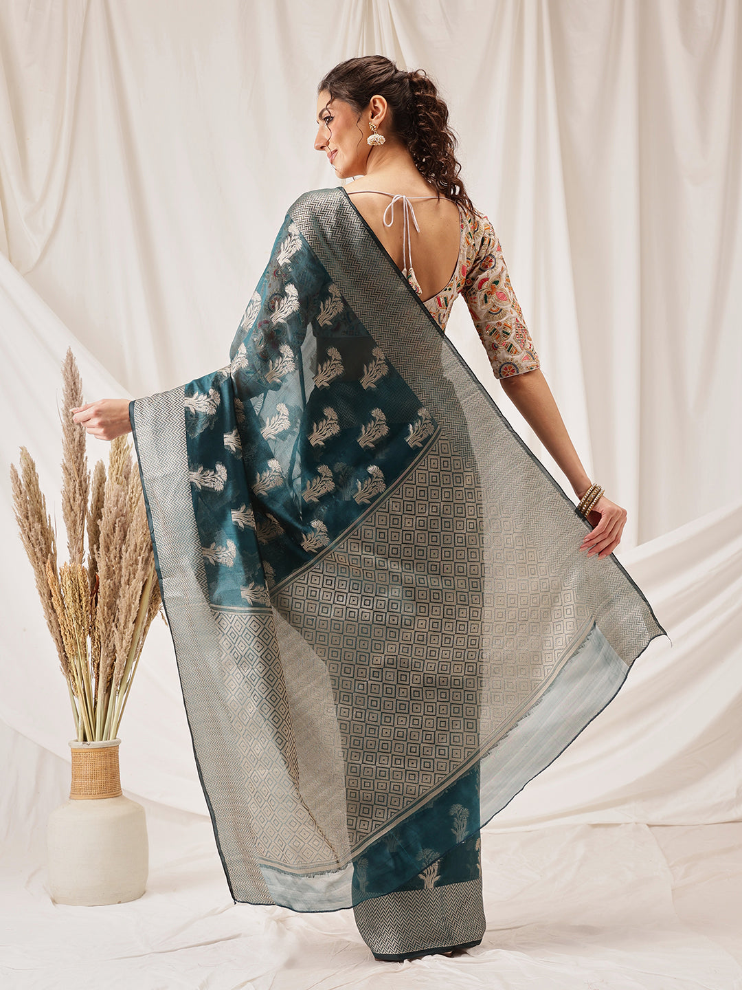 Hiral Fashion Teal Banarasi Organza Silk Floral Woven Design Saree | Swadesiicart
