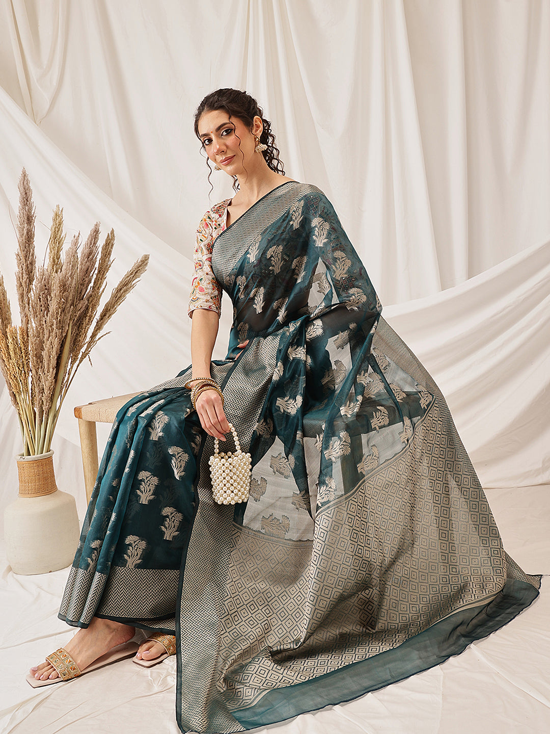 Hiral Fashion Teal Banarasi Organza Silk Floral Woven Design Saree | Swadesiicart