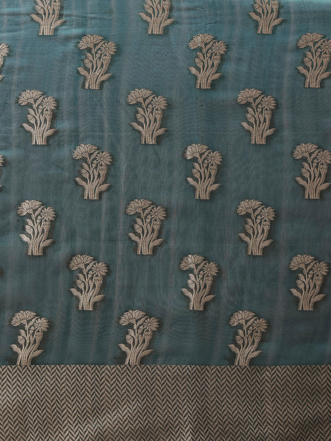 Hiral Fashion Teal Banarasi Organza Silk Floral Woven Design Saree | Swadesiicart