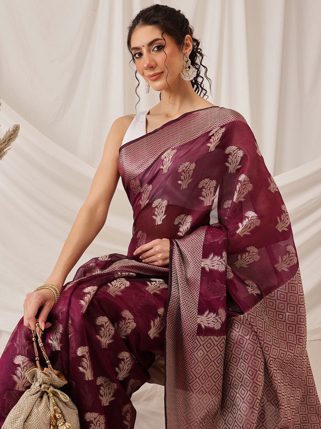 Hiral Fashion Purple Banarasi Organza Silk Floral Woven Design Saree | Swadesiicart