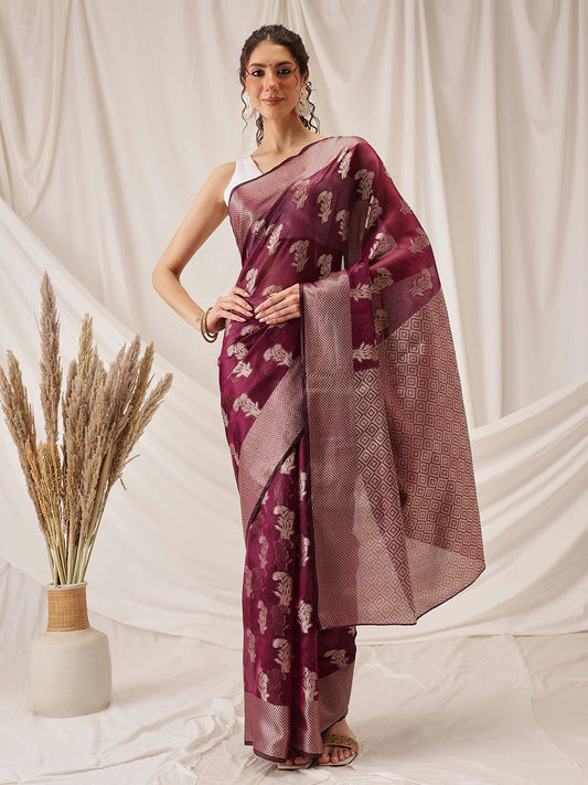 Hiral Fashion Purple Banarasi Organza Silk Floral Woven Design Saree | Swadesiicart