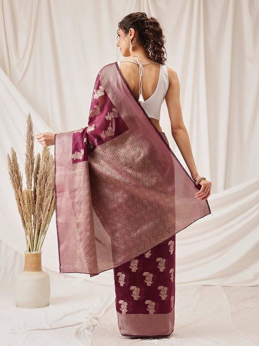 Hiral Fashion Purple Banarasi Organza Silk Floral Woven Design Saree | Swadesiicart