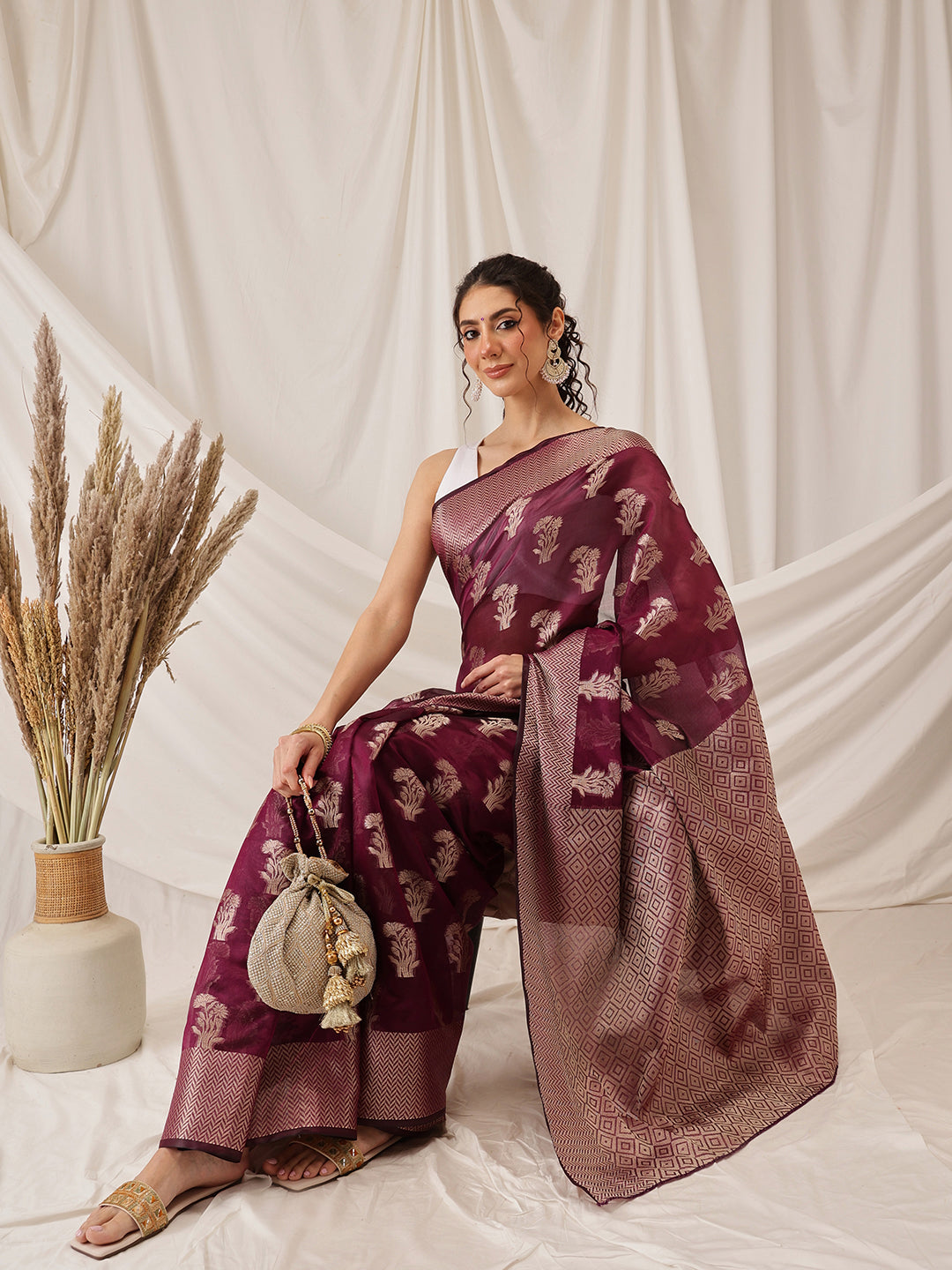 Hiral Fashion Purple Banarasi Organza Silk Floral Woven Design Saree | Swadesiicart