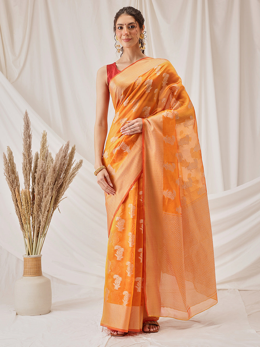 Hiral Fashion Yellow Banarasi Organza Silk Floral Woven Design Saree | Swadesiicart