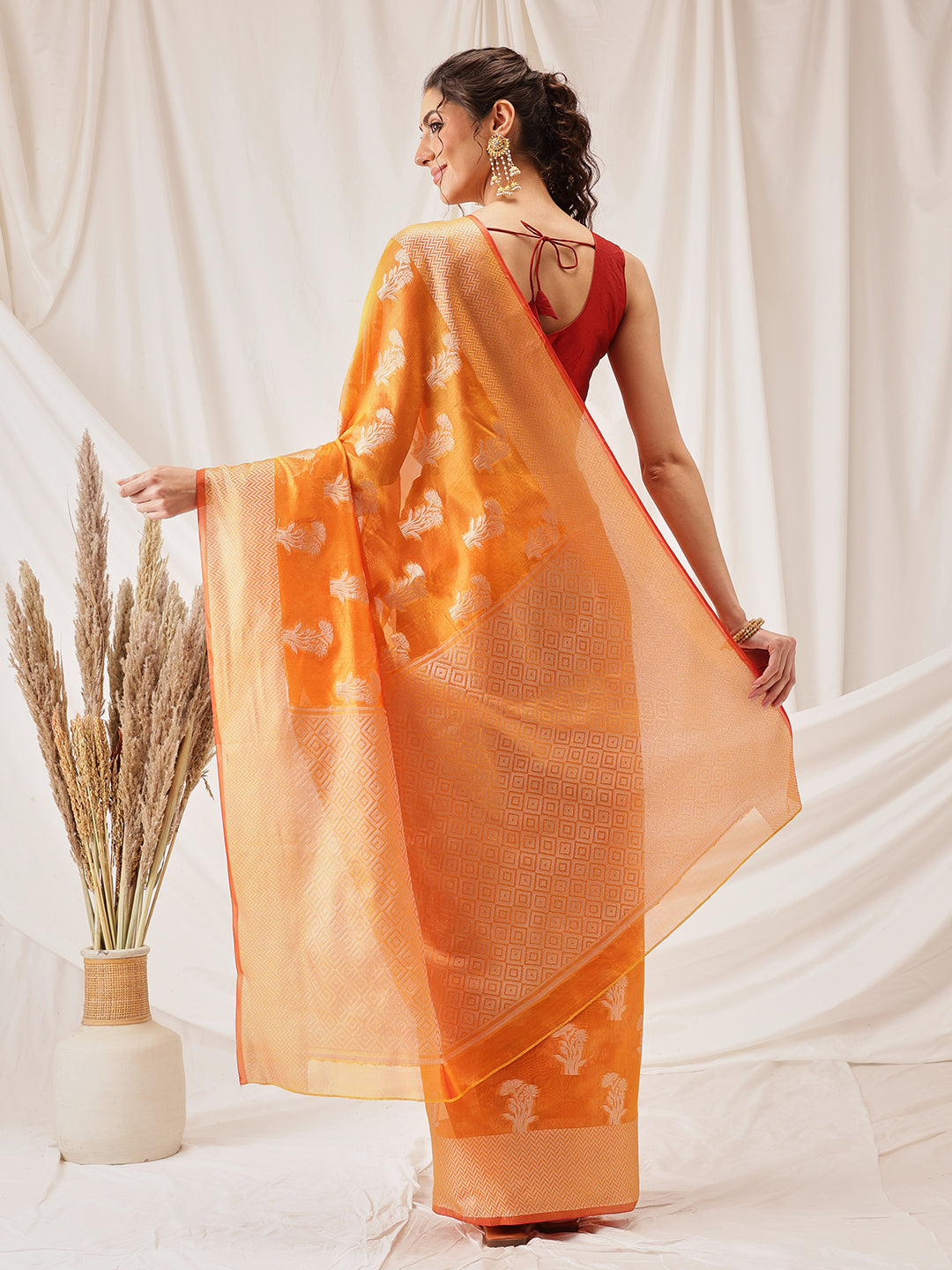 Hiral Fashion Yellow Banarasi Organza Silk Floral Woven Design Saree | Swadesiicart