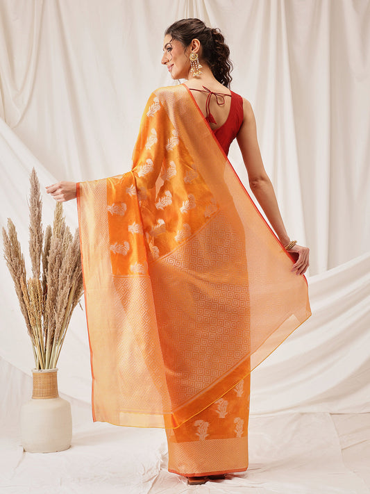 Hiral Fashion Yellow Banarasi Organza Silk Floral Woven Design Saree | Swadesiicart
