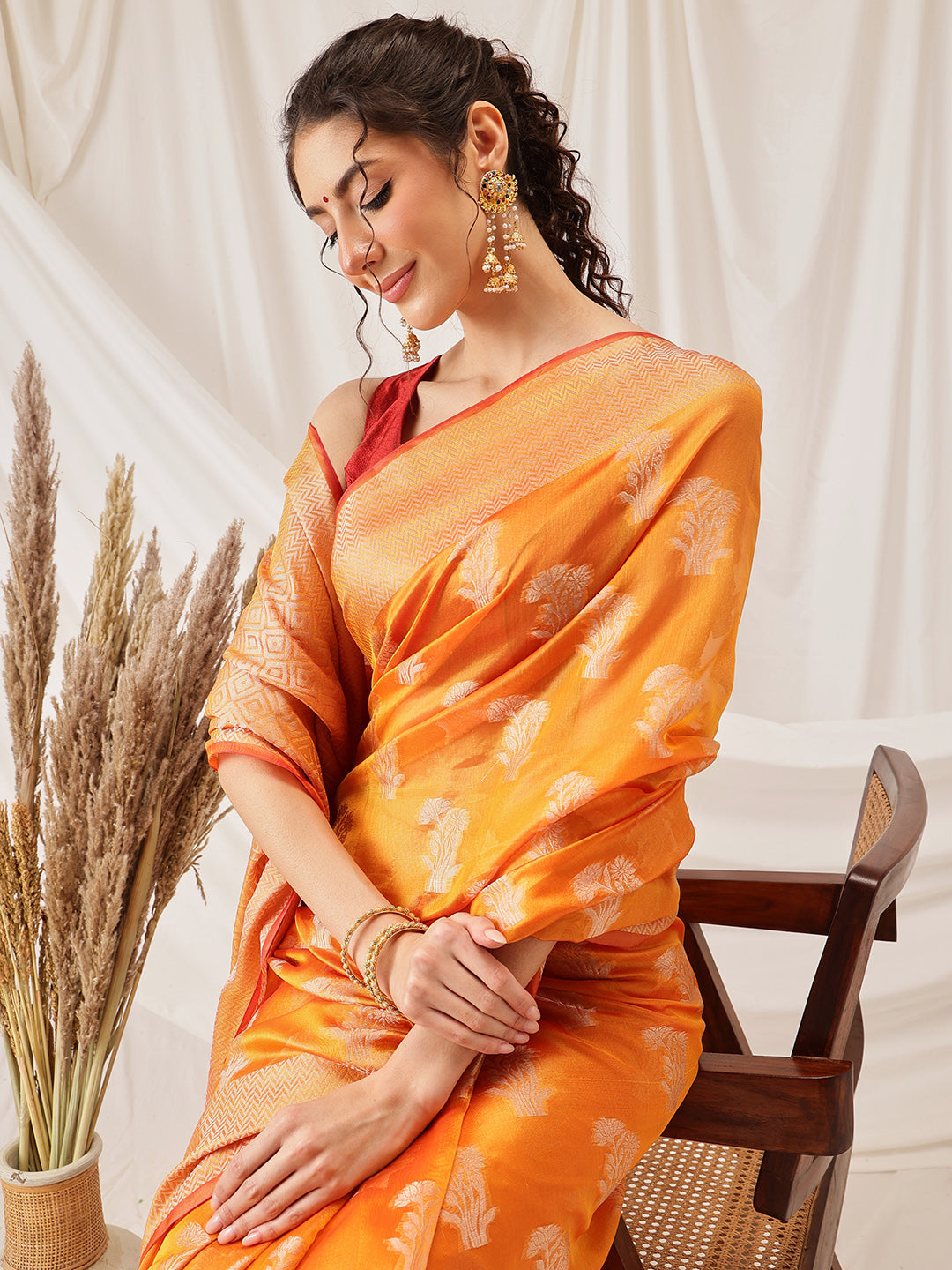 Hiral Fashion Yellow Banarasi Organza Silk Floral Woven Design Saree | Swadesiicart
