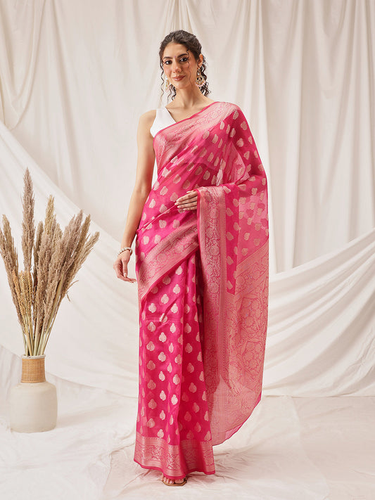 Hiral Fashion Pink Banarasi Organza Silk Floral Woven Design Saree | Swadesiicart
