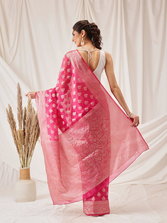 Hiral Fashion Pink Banarasi Organza Silk Floral Woven Design Saree | Swadesiicart