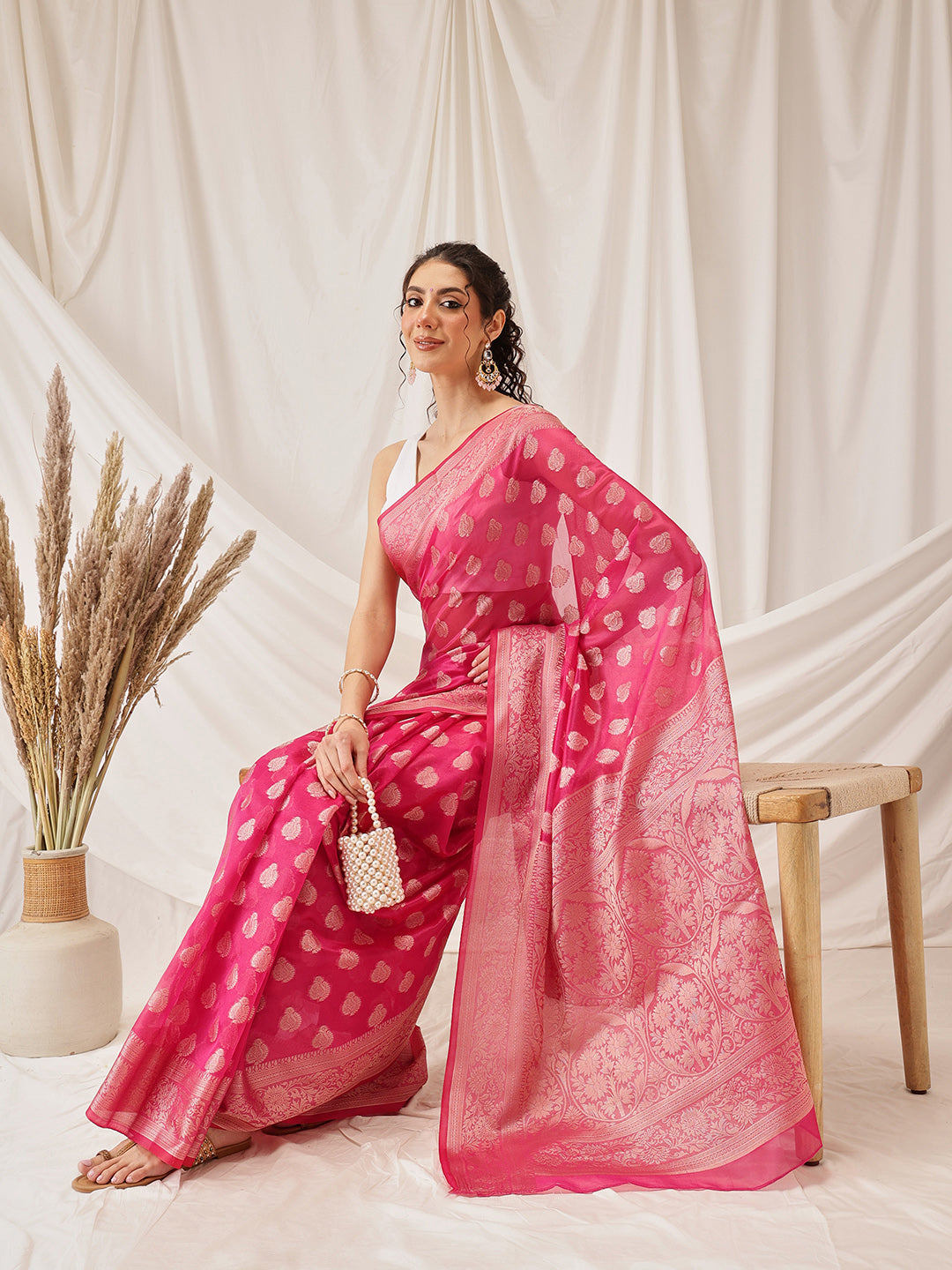 Hiral Fashion Pink Banarasi Organza Silk Floral Woven Design Saree | Swadesiicart