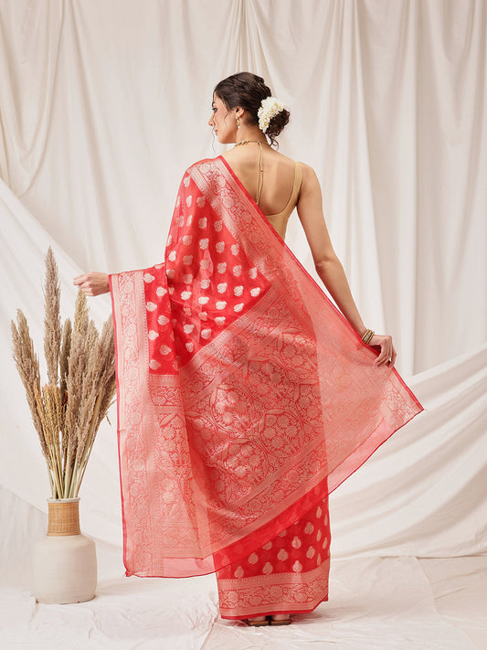 Hiral Fashion Red Banarasi Organza Silk Floral Woven Design Saree | Swadesiicart