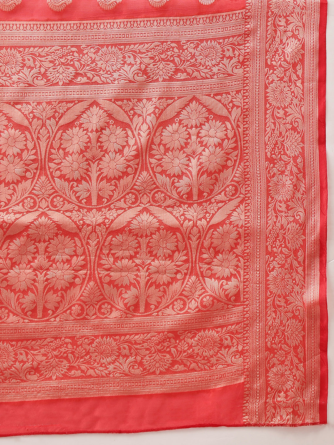Hiral Fashion Red Banarasi Organza Silk Floral Woven Design Saree | Swadesiicart