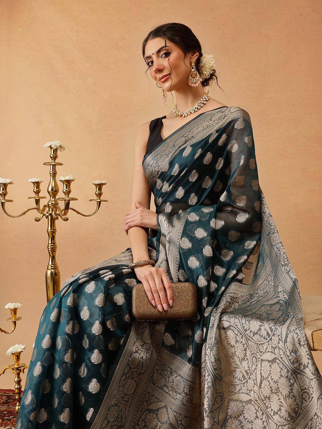 Hiral Fashion Teal Banarasi Organza Silk Floral Woven Design Saree | Swadesiicart