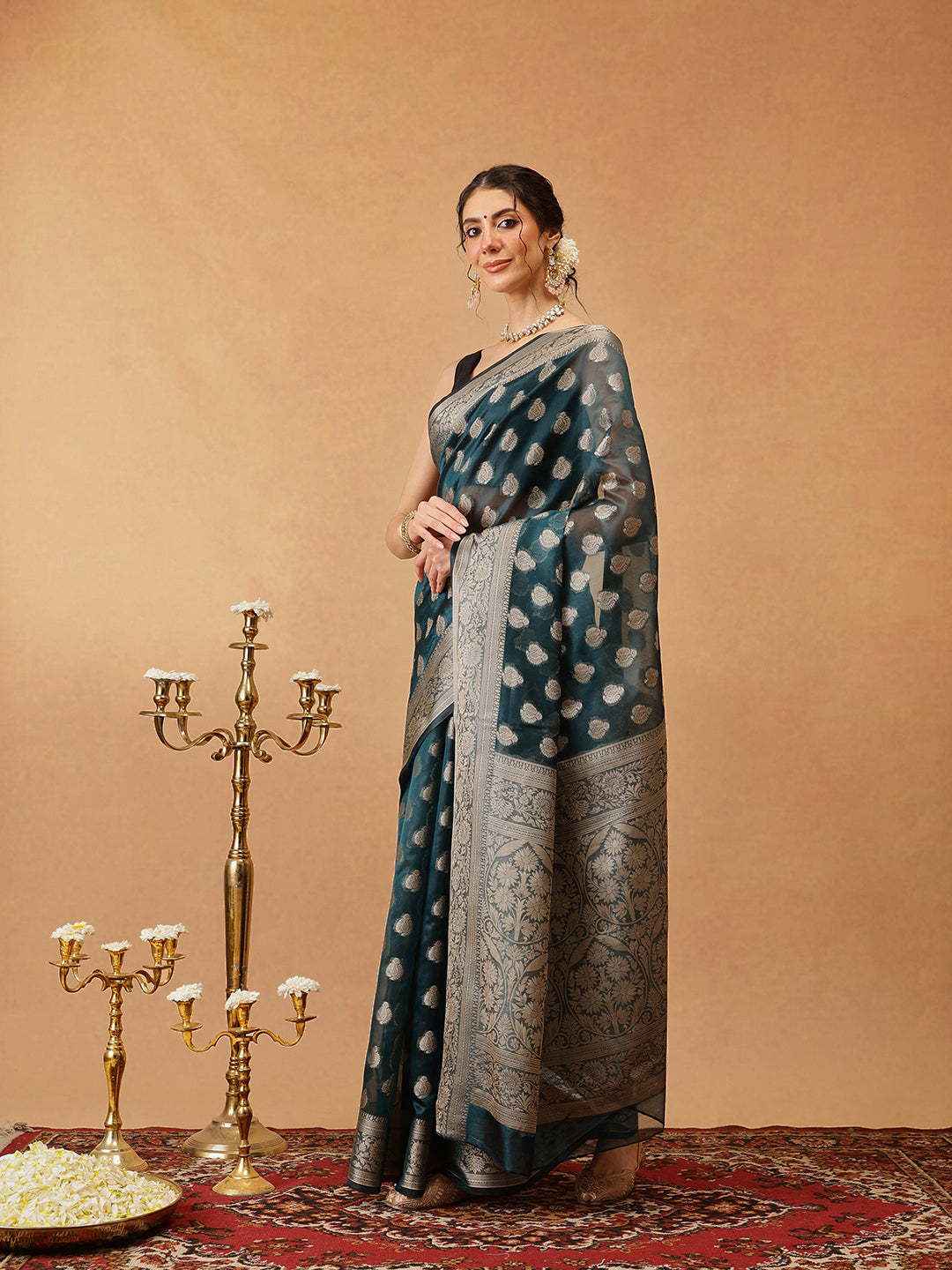 Hiral Fashion Teal Banarasi Organza Silk Floral Woven Design Saree | Swadesiicart