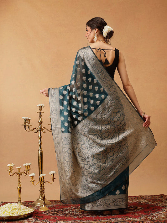 Hiral Fashion Teal Banarasi Organza Silk Floral Woven Design Saree | Swadesiicart
