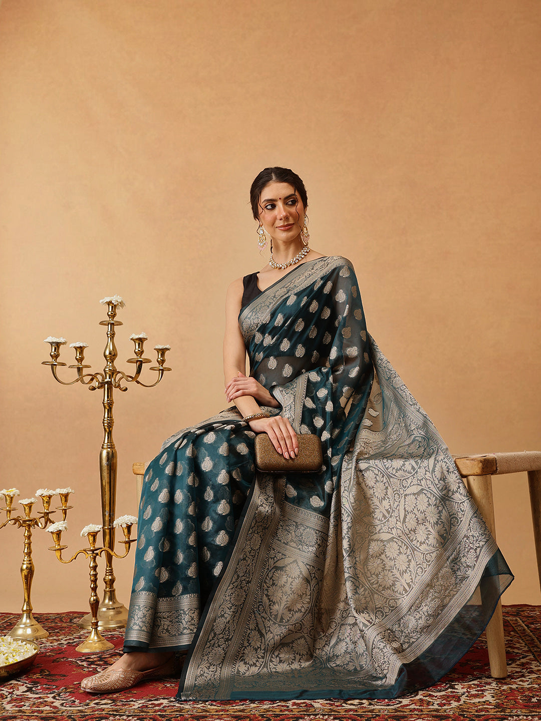 Hiral Fashion Teal Banarasi Organza Silk Floral Woven Design Saree | Swadesiicart