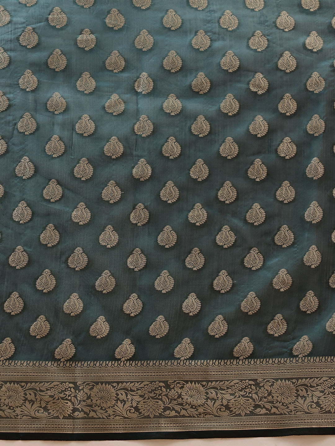 Hiral Fashion Teal Banarasi Organza Silk Floral Woven Design Saree | Swadesiicart