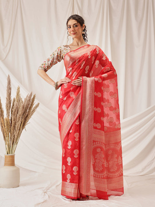 Hiral Fashion Red Banarasi Organza Silk Floral Woven Design Saree | Swadesiicart