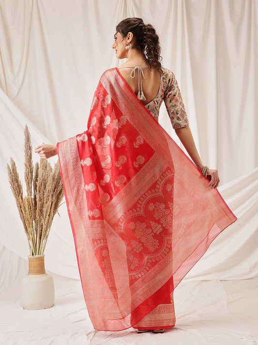 Hiral Fashion Red Banarasi Organza Silk Floral Woven Design Saree | Swadesiicart