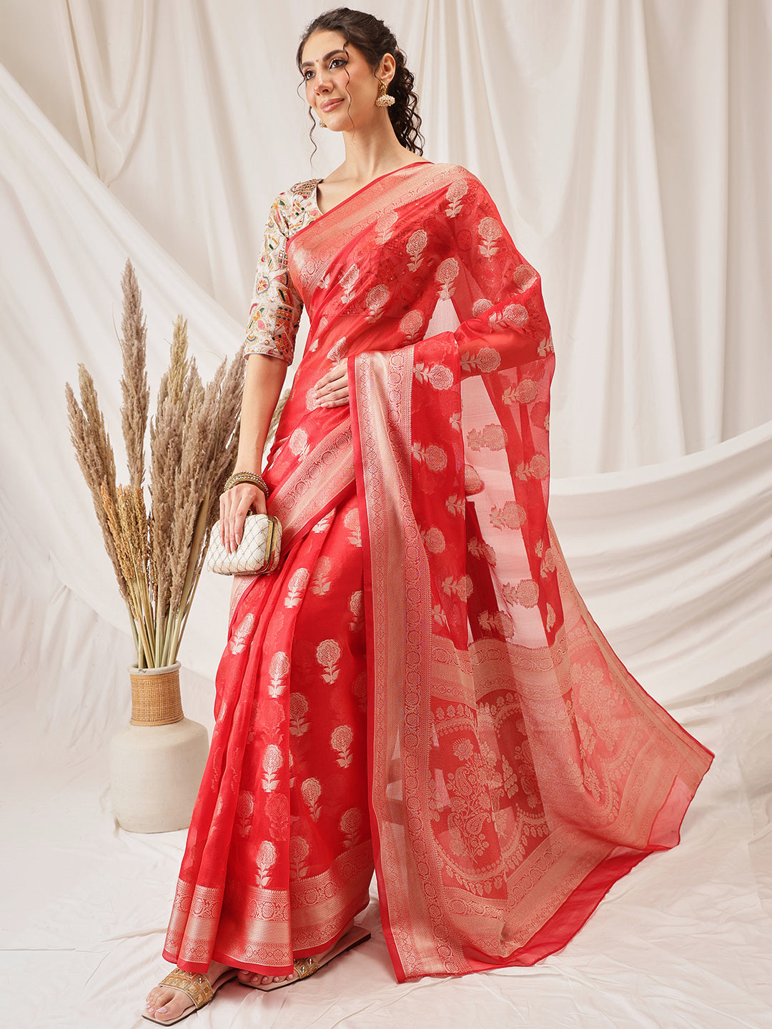 Hiral Fashion Red Banarasi Organza Silk Floral Woven Design Saree | Swadesiicart