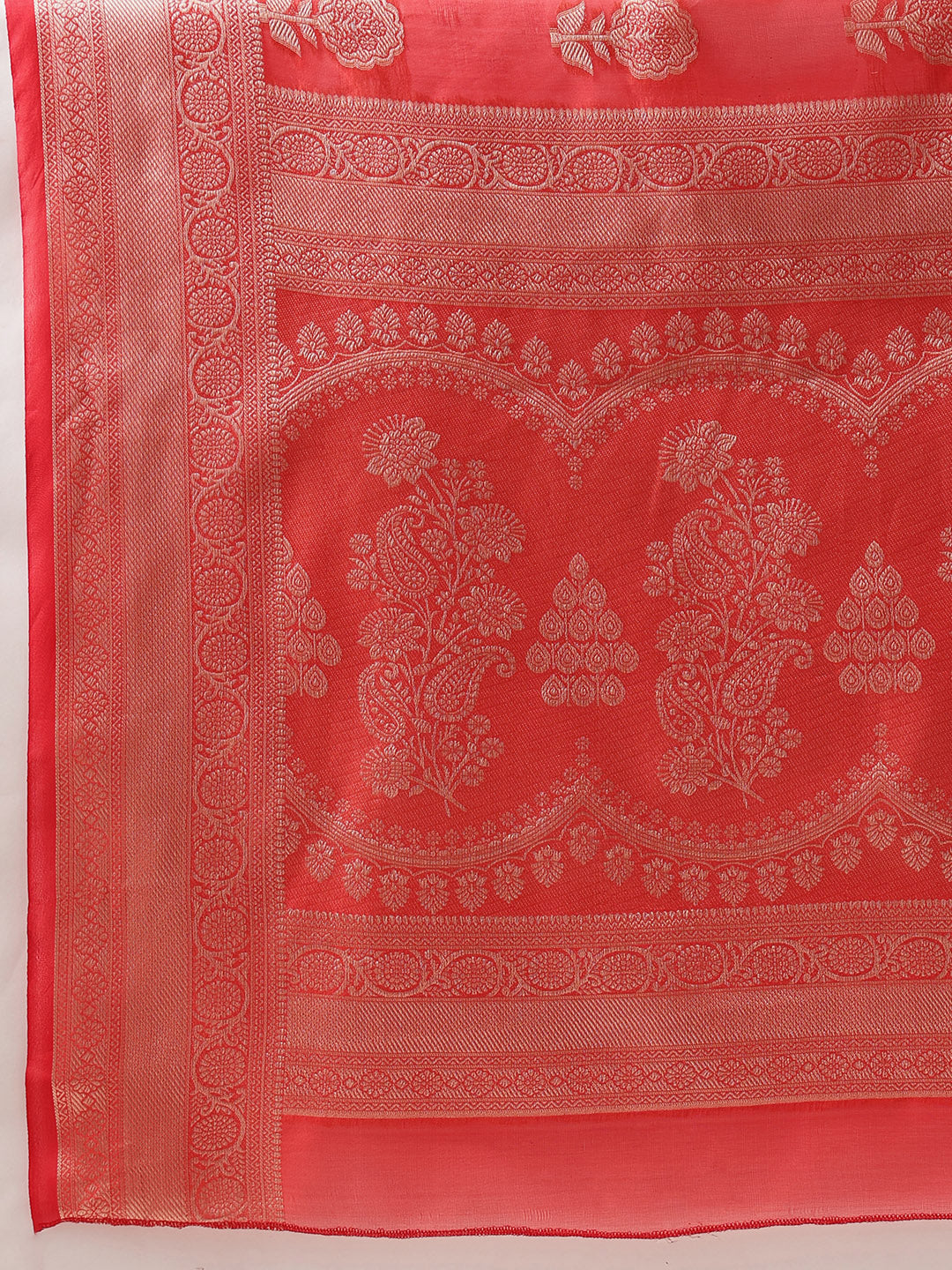 Hiral Fashion Red Banarasi Organza Silk Floral Woven Design Saree | Swadesiicart