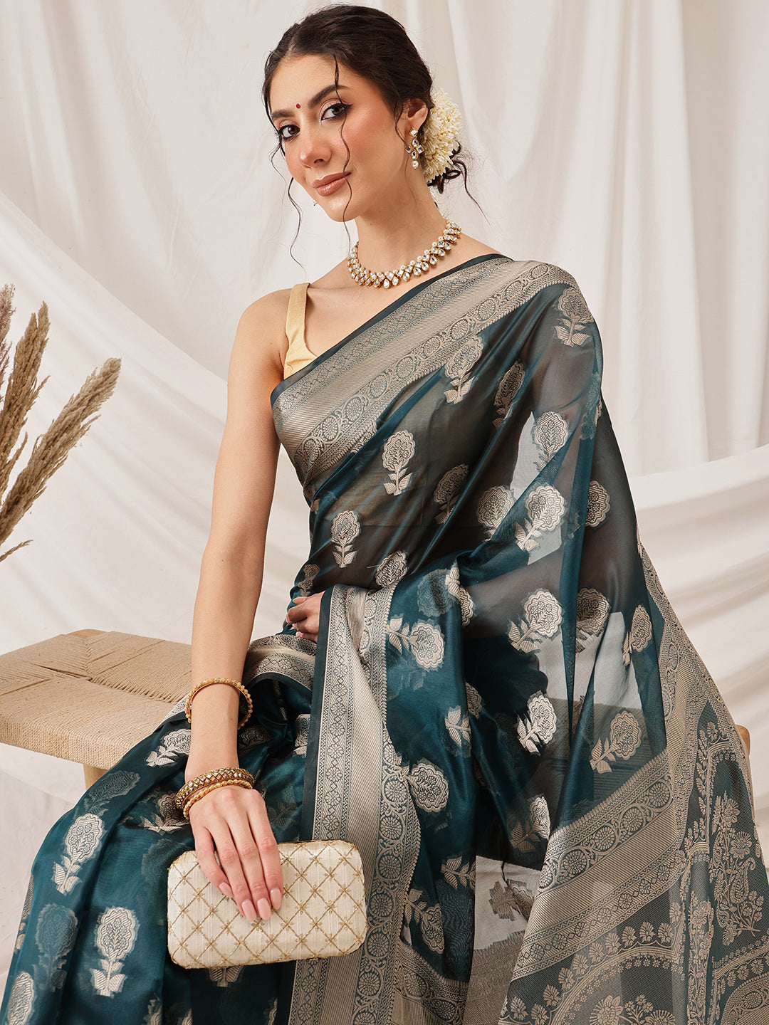 Hiral Fashion Teal Banarasi Organza Silk Floral Woven Design Saree | Swadesiicart