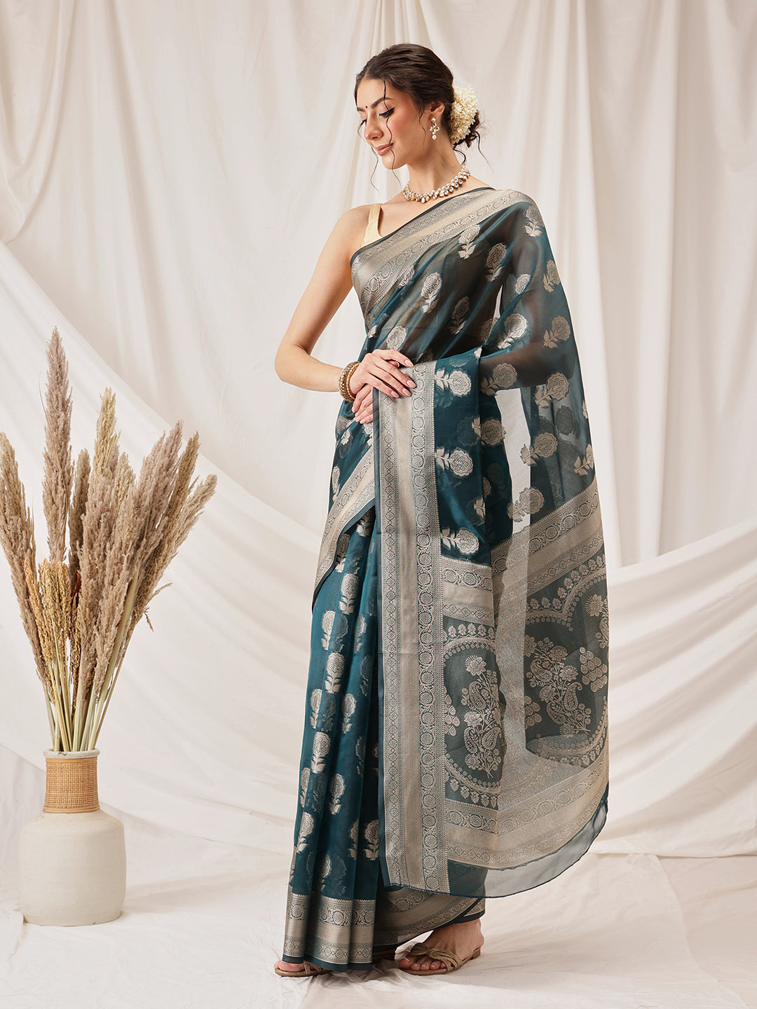 Hiral Fashion Teal Banarasi Organza Silk Floral Woven Design Saree | Swadesiicart
