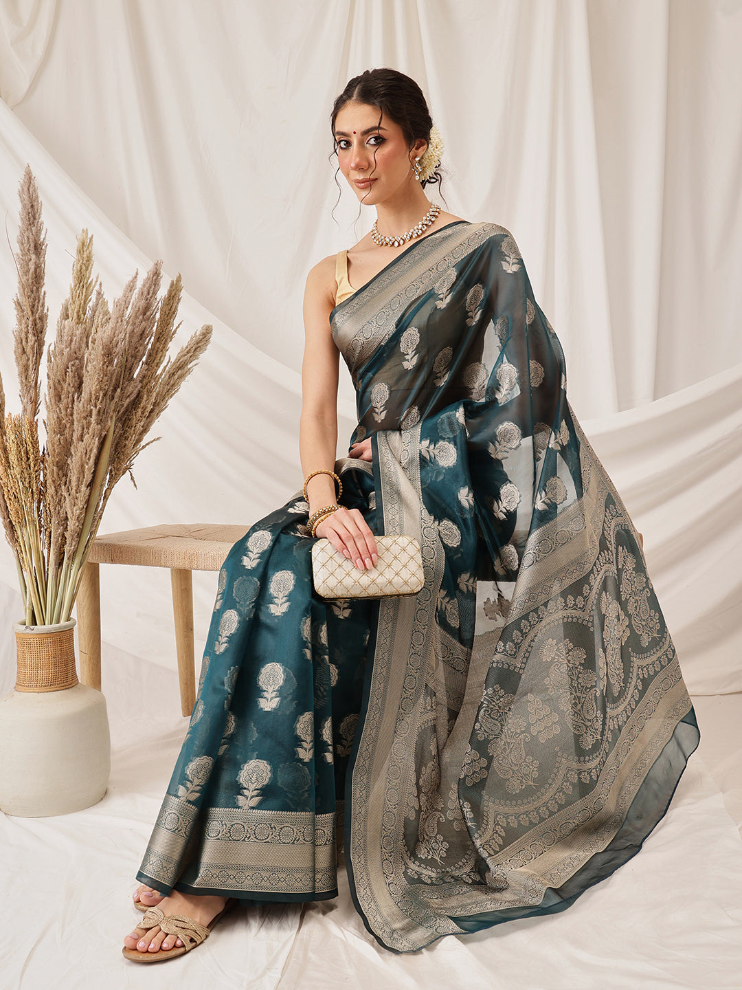 Hiral Fashion Teal Banarasi Organza Silk Floral Woven Design Saree | Swadesiicart