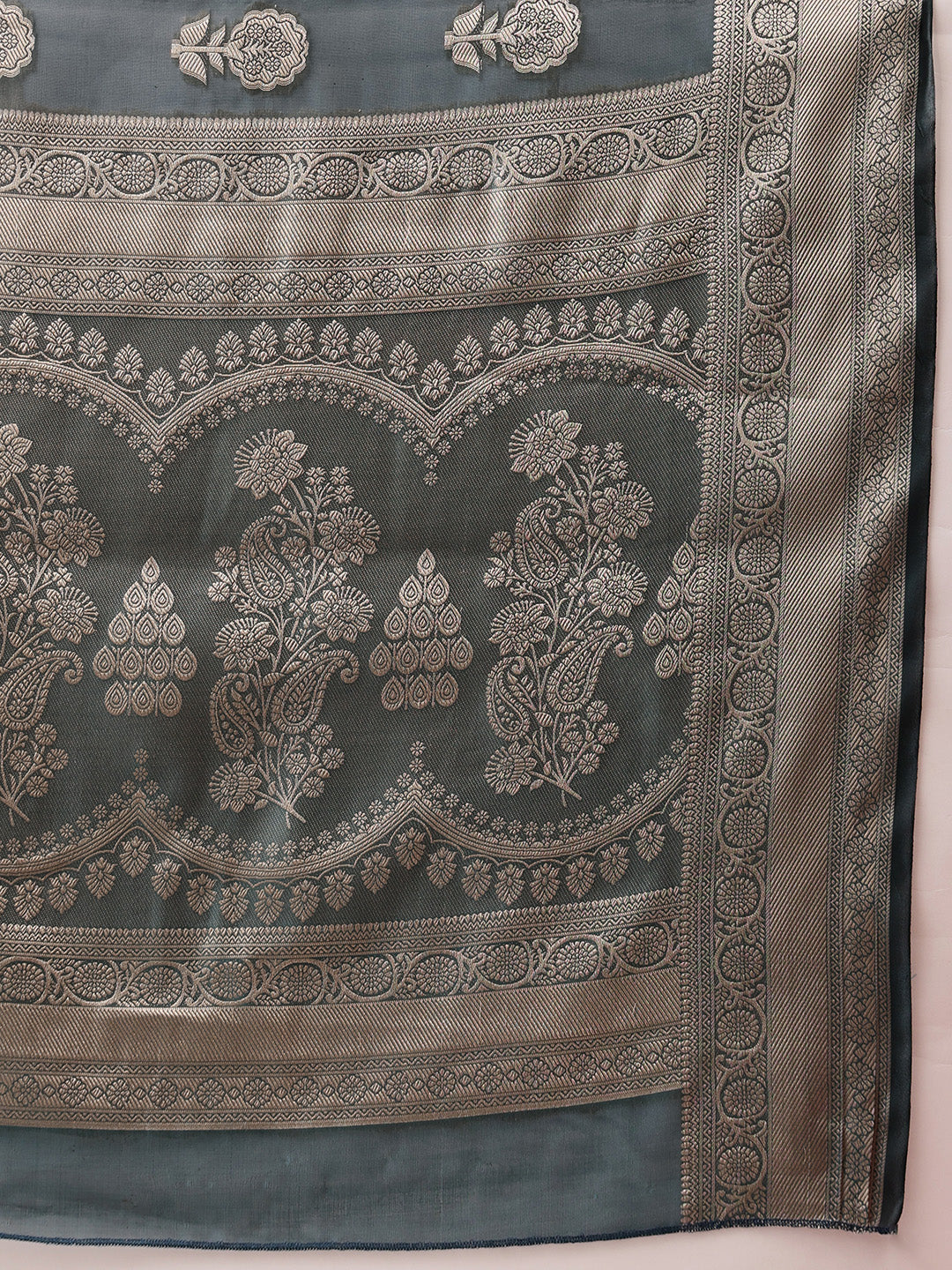 Hiral Fashion Teal Banarasi Organza Silk Floral Woven Design Saree | Swadesiicart