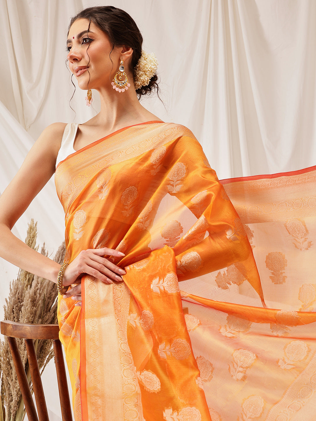 Hiral Fashion Yellow Banarasi Organza Silk Floral Woven Design Saree | Swadesiicart