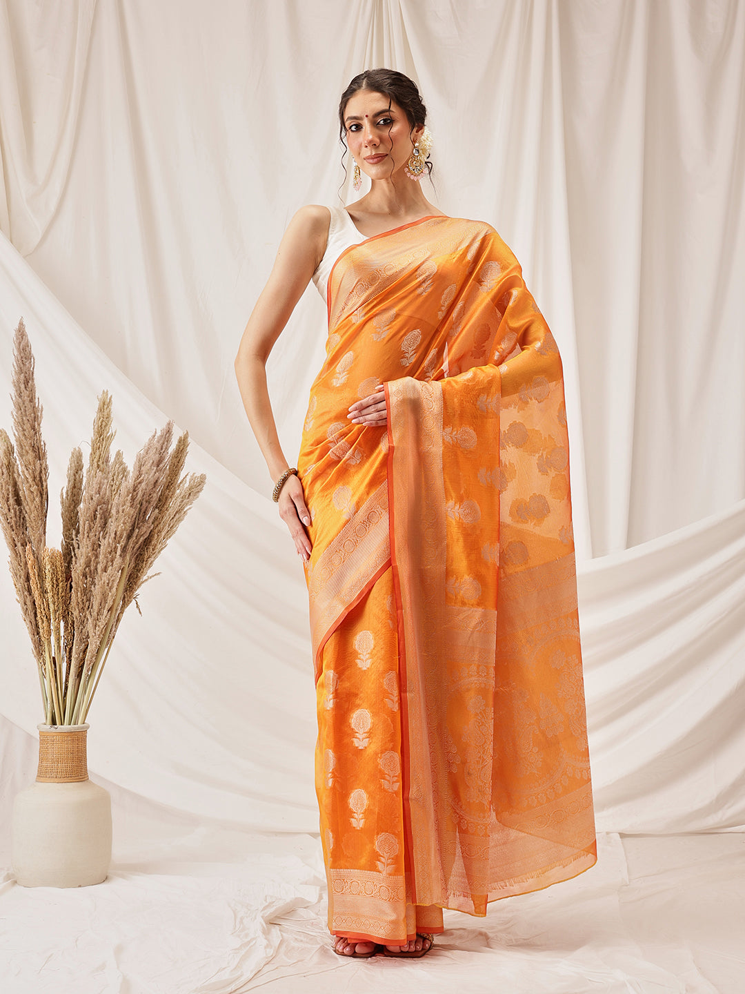 Hiral Fashion Yellow Banarasi Organza Silk Floral Woven Design Saree | Swadesiicart