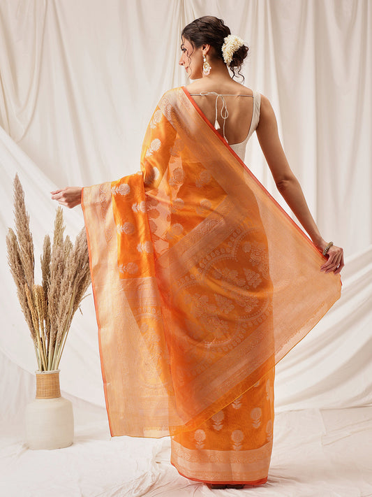 Hiral Fashion Yellow Banarasi Organza Silk Floral Woven Design Saree | Swadesiicart