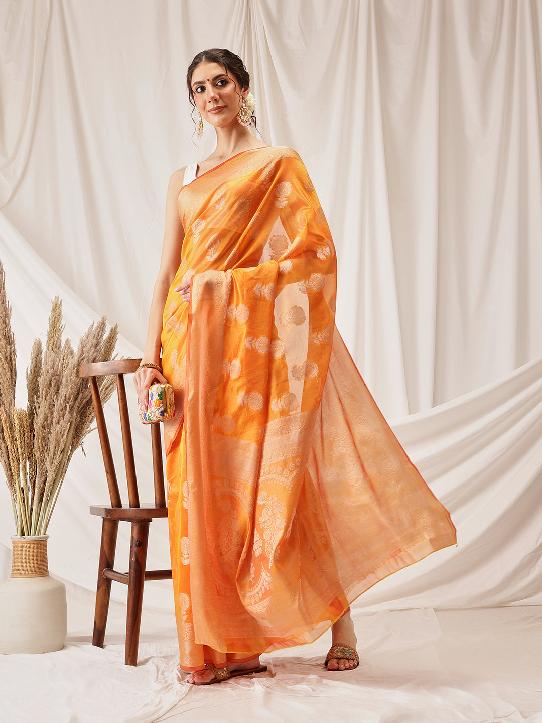 Hiral Fashion Yellow Banarasi Organza Silk Floral Woven Design Saree | Swadesiicart
