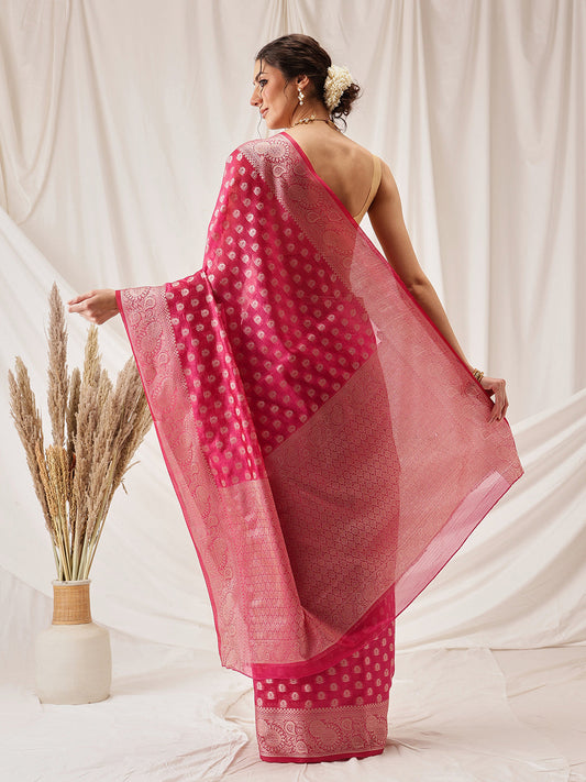 Hiral Fashion Pink Banarasi Organza Silk Floral Woven Design Saree | Swadesiicart