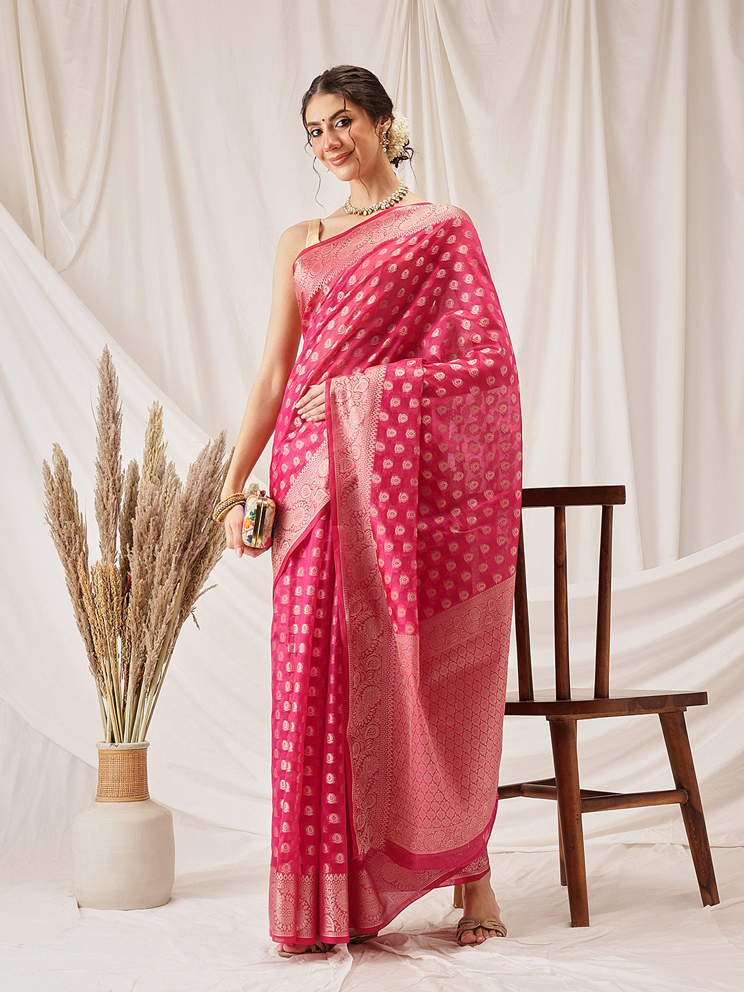 Hiral Fashion Pink Banarasi Organza Silk Floral Woven Design Saree | Swadesiicart