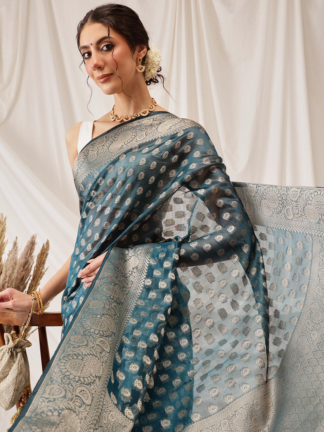 Hiral Fashion Teal Banarasi Organza Silk Floral Woven Design Saree | Swadesiicart