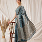 Hiral Fashion Teal Banarasi Organza Silk Floral Woven Design Saree | Swadesiicart