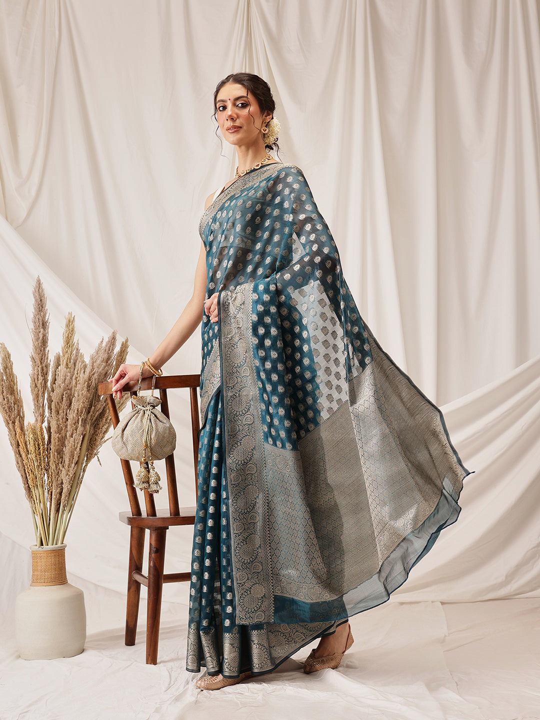 Hiral Fashion Teal Banarasi Organza Silk Floral Woven Design Saree | Swadesiicart