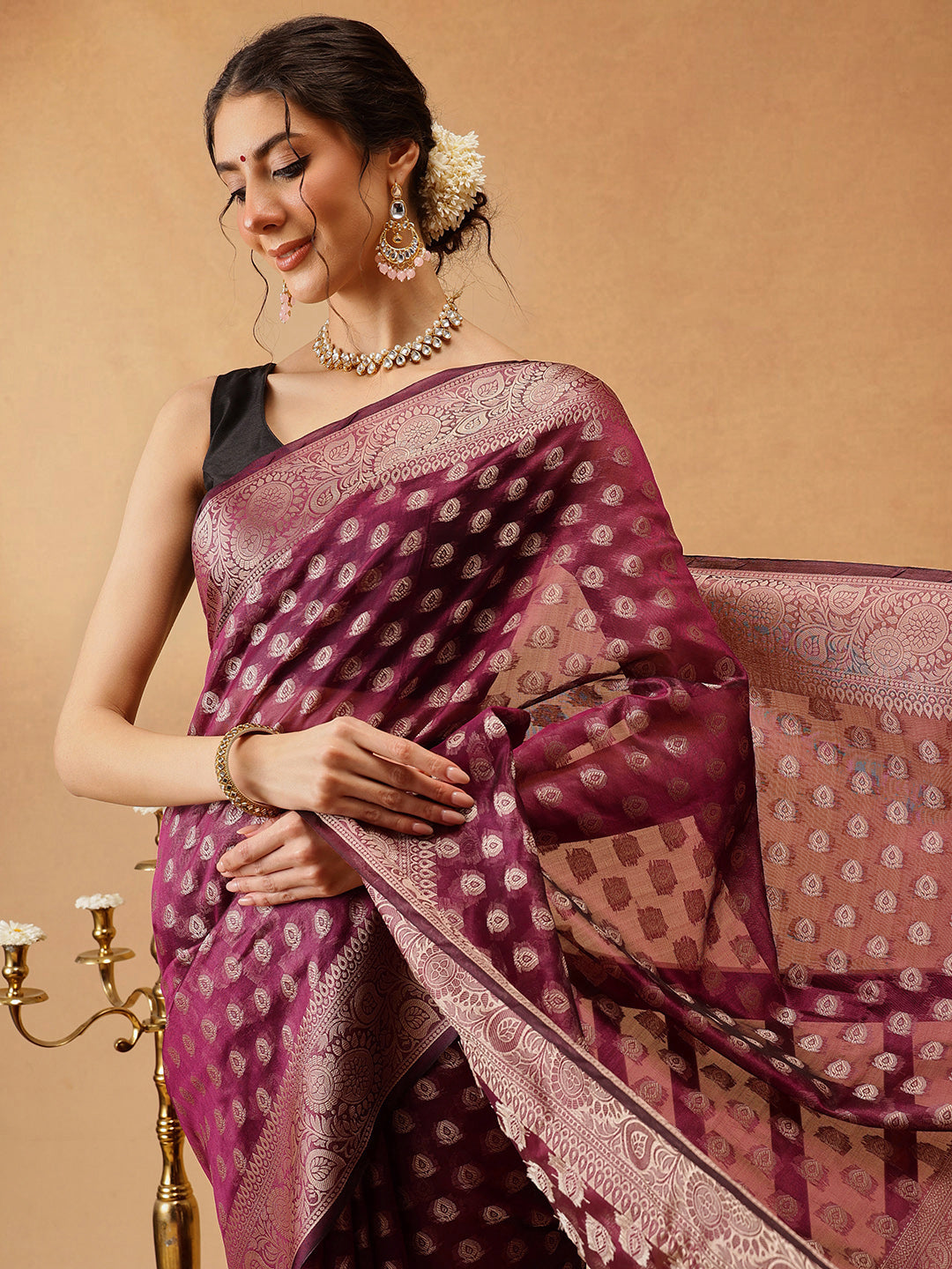 Hiral Fashion Purple Banarasi Organza Silk Floral Woven Design Saree | Swadesiicart