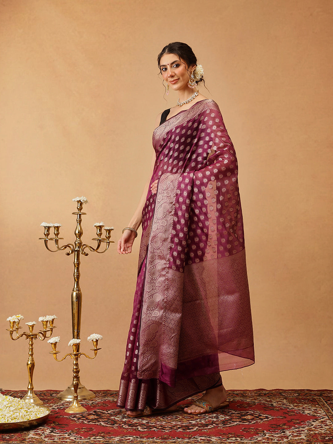 Hiral Fashion Purple Banarasi Organza Silk Floral Woven Design Saree | Swadesiicart
