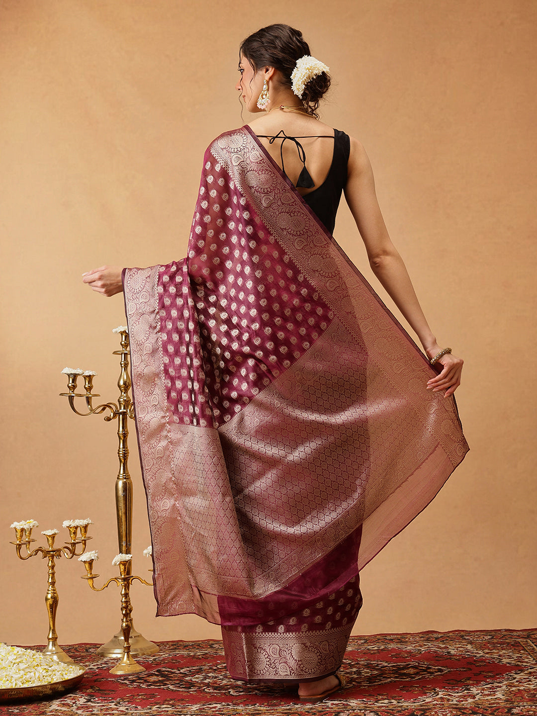Hiral Fashion Purple Banarasi Organza Silk Floral Woven Design Saree | Swadesiicart