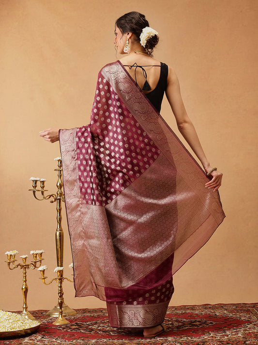 Hiral Fashion Purple Banarasi Organza Silk Floral Woven Design Saree | Swadesiicart