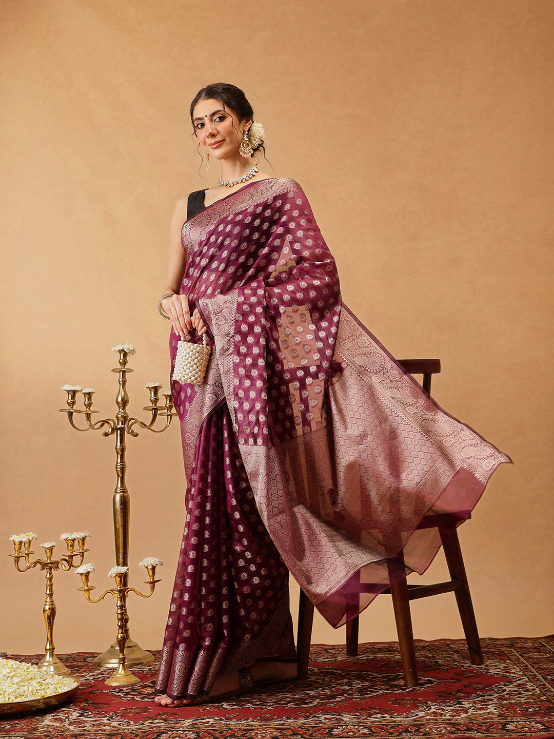 Hiral Fashion Purple Banarasi Organza Silk Floral Woven Design Saree | Swadesiicart