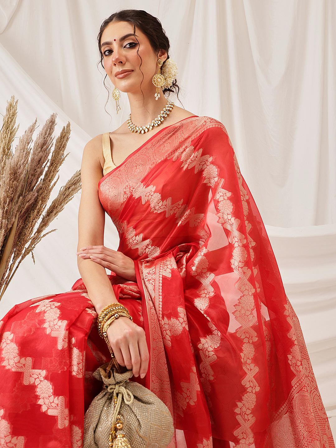 Hiral Fashion Red Banarasi Organza Silk Lahariya Woven Design Saree | Swadesiicart