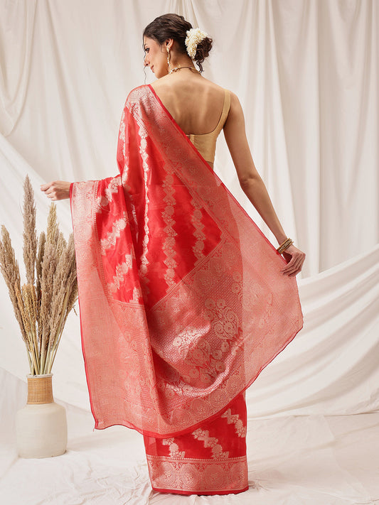 Hiral Fashion Red Banarasi Organza Silk Lahariya Woven Design Saree | Swadesiicart
