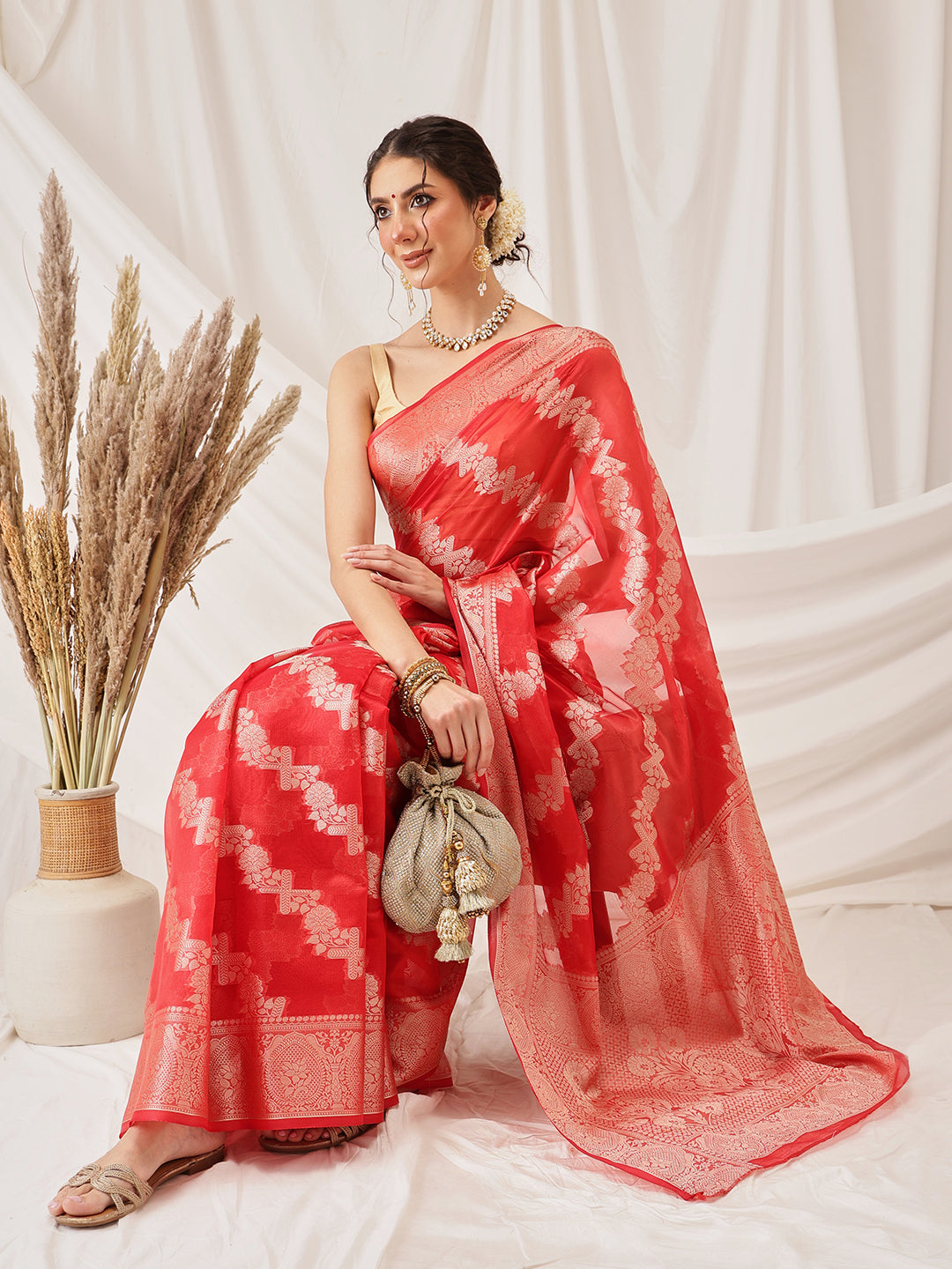 Hiral Fashion Red Banarasi Organza Silk Lahariya Woven Design Saree | Swadesiicart